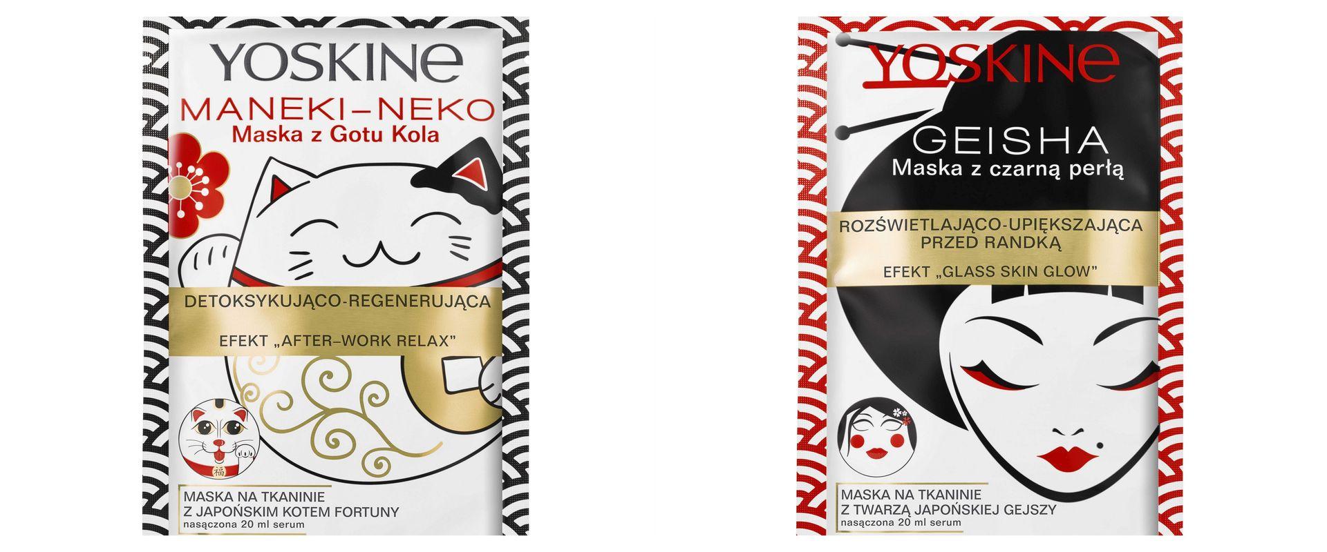 Tkaniniowe maski Yoskine inspirowane japońskimi motywami geishy i kota fortuny